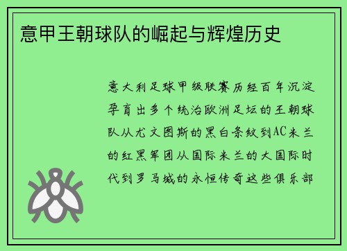 意甲王朝球队的崛起与辉煌历史